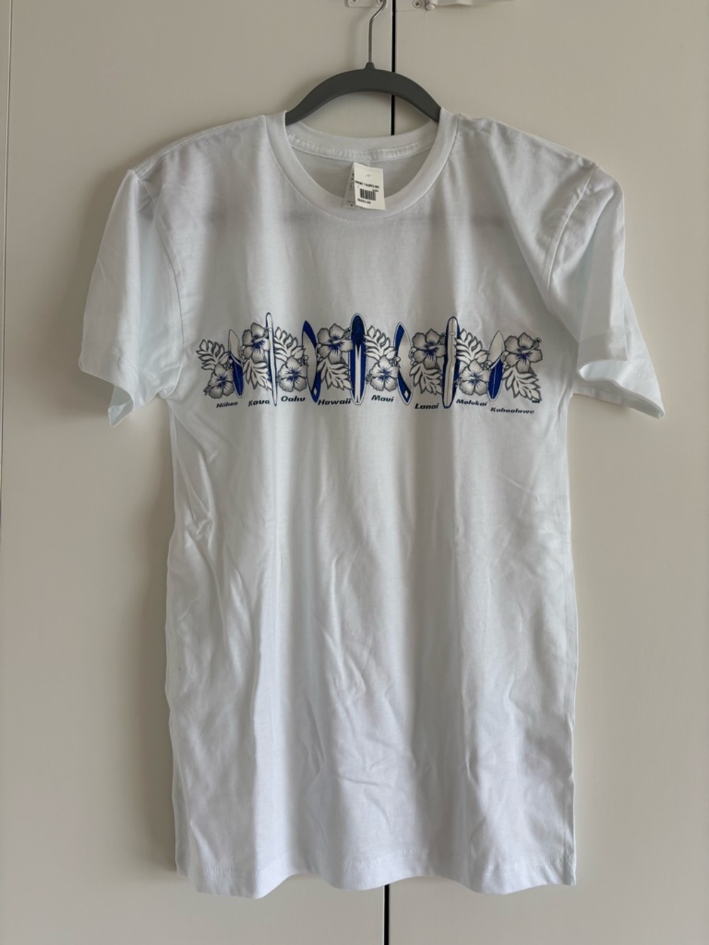 White Graphic Crew Neck T-Shirt with Blue Floral Surf Design